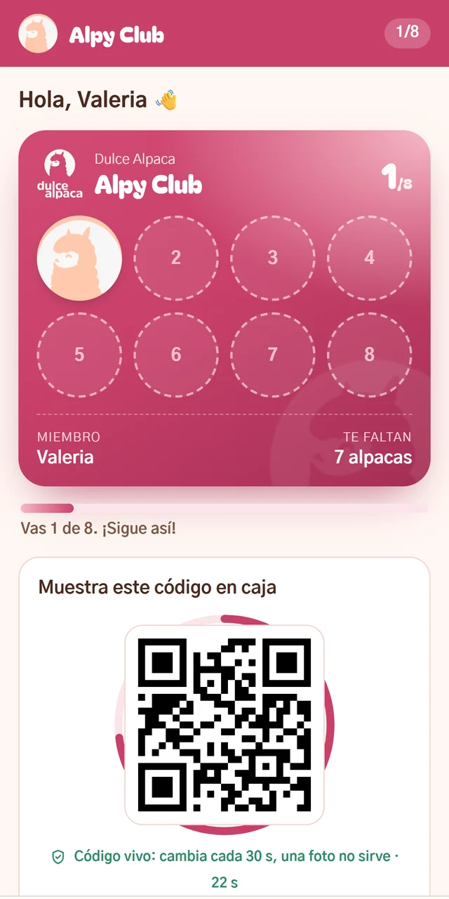 Tarjeta de Alpy Club en el celular: 1 de 8 sellos y el código para mostrar en caja